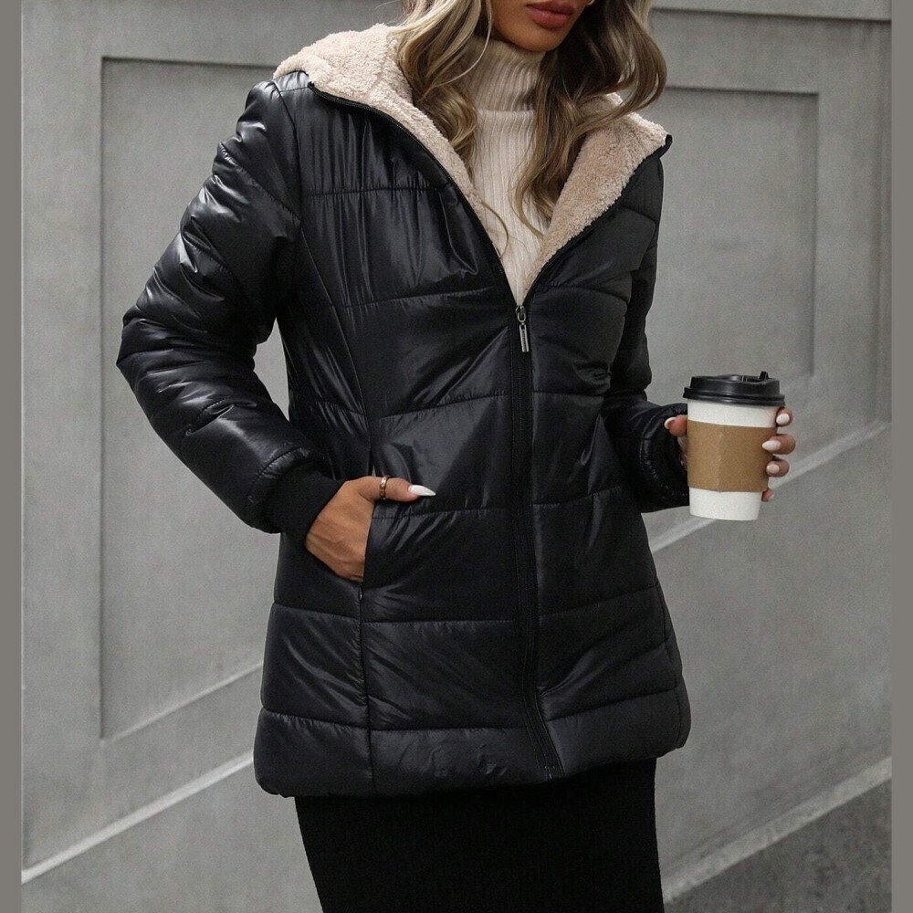 Black / Tan Sherpa Lined Hood Zip Front Long Sleeve Puffer Jacket
